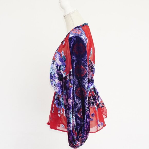 Free People Bonnie Burnout Sheer Velvet Top Red Blue L - Picture 3 of 7